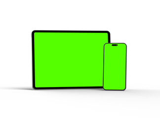 3d render of smartphone and tablet with a green screen on a light background