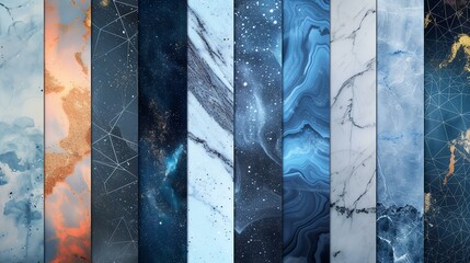 Abstract backgrounds in various styles, including vibrant marbled blue with orange accents, mesmerizing starry night, urban grungy blue wall, sleek geometric white gradient, and dreamy blur.