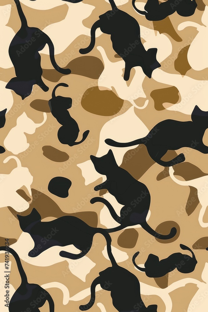 Poster a group of cats running across a camouflage pattern