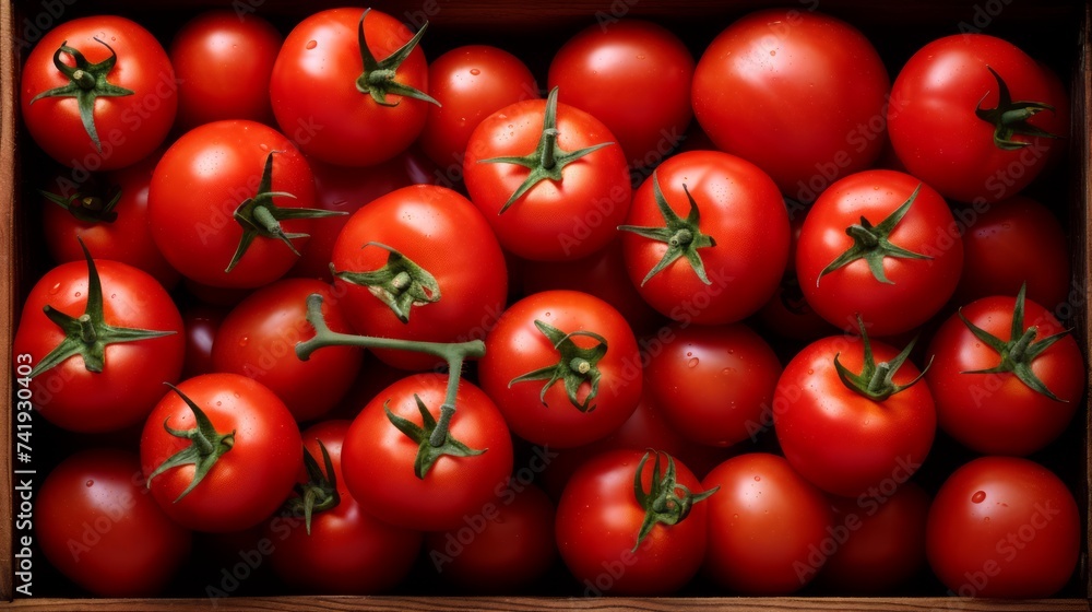 Poster box filled with vibrant red tomatoes, close-up realistic photo generative ai
