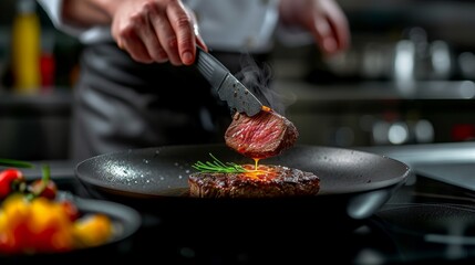 Skilled chef expertly preparing beef steak with vegetable decoration in busy restaurant kitchen - Powered by Adobe