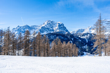 Winter landscape with snow covered Dolomites in Kronplatz, Italy