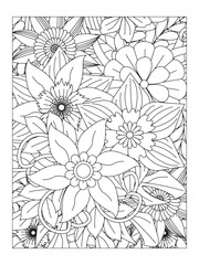 Flowers in black and white for coloring book. Vector floral wallpaper. Black and white flower pattern for coloring. Doodle floral drawing. Art therapy coloring page. For adults and kids.