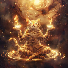 Cat meditating in a cosmic space with a fog and stars