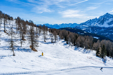 Winter landscape with snow covered Dolomites in Kronplatz, Italy