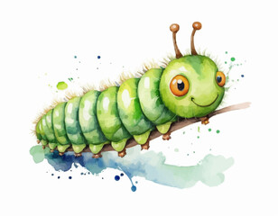 Green caterpillar on a white background. watercolor illustration for decoration and design of cards, posters, games and books