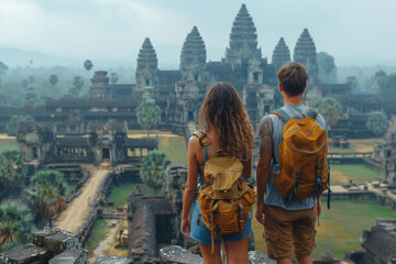Fototapeta premium Back view of young couple tourists with backpacks looking at ruins of ancient asian temple