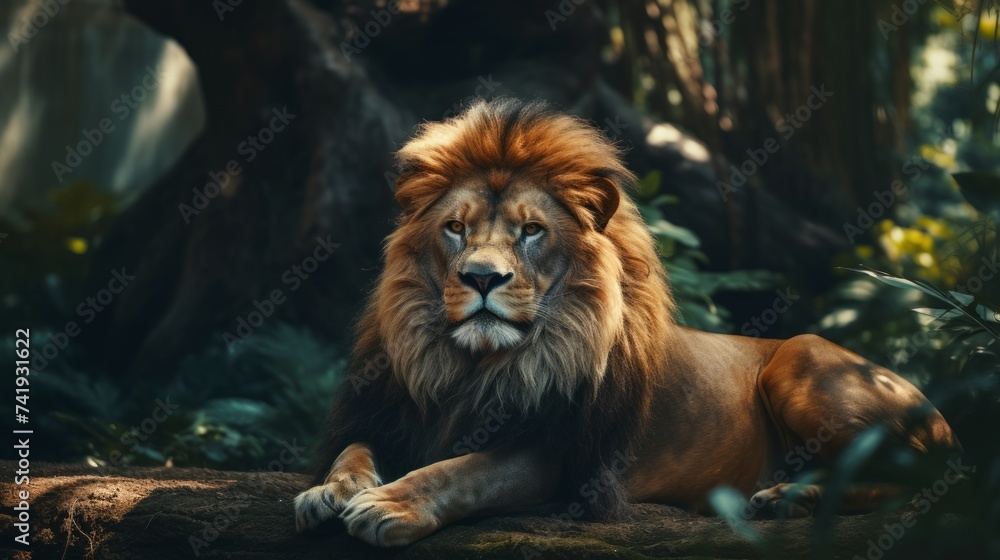 Poster generative ai majestic lion resting in its enclosure at the zoo, showcasing wildlife in captivity