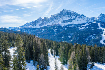 Winter landscape with snow covered Dolomites in Kronplatz, Italy