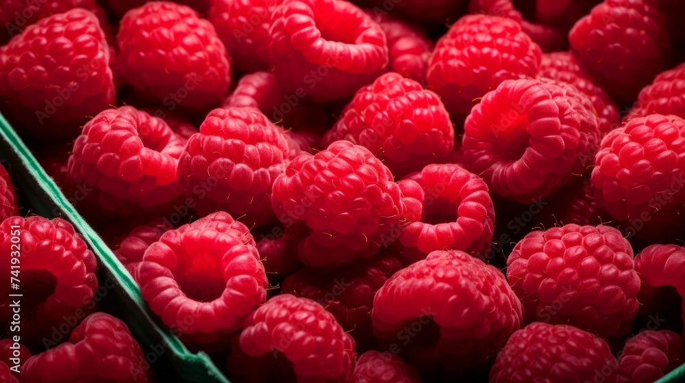 Aufkleber Close-up realistic photo capturing a box filled with vibrant red raspberries Generative AI