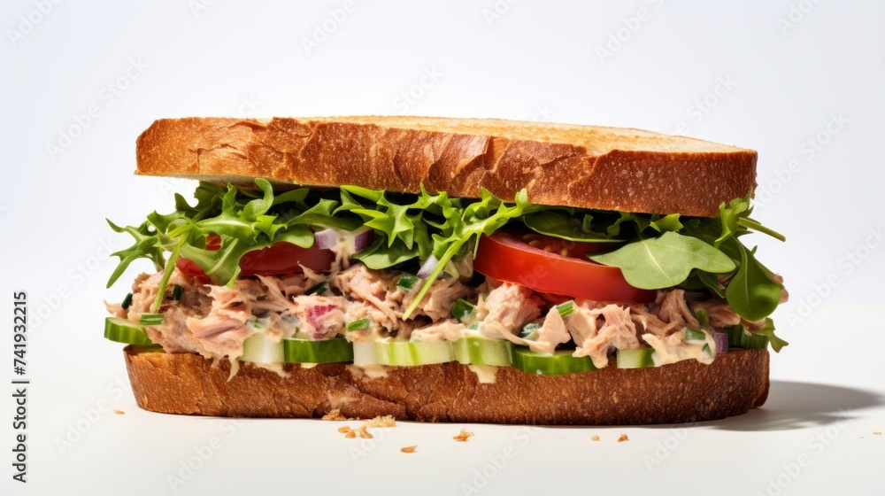 Poster close-up realistic photo featuring a hearty tuna salad sandwich on a white background generative ai