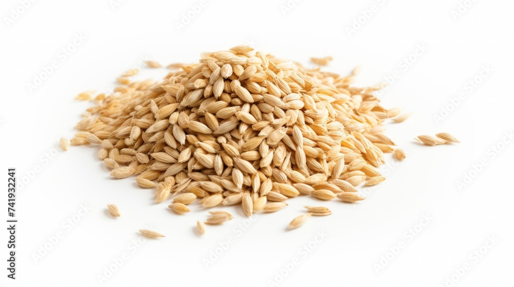 Poster close-up realistic photo featuring a small pile of oat grains on a white background generative ai