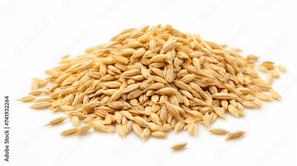 Poster close-up realistic photo featuring a small pile of oat grains on a white background generative ai