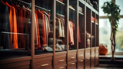 Walk-in Closet with Wooden Shelves and Glass Doors
