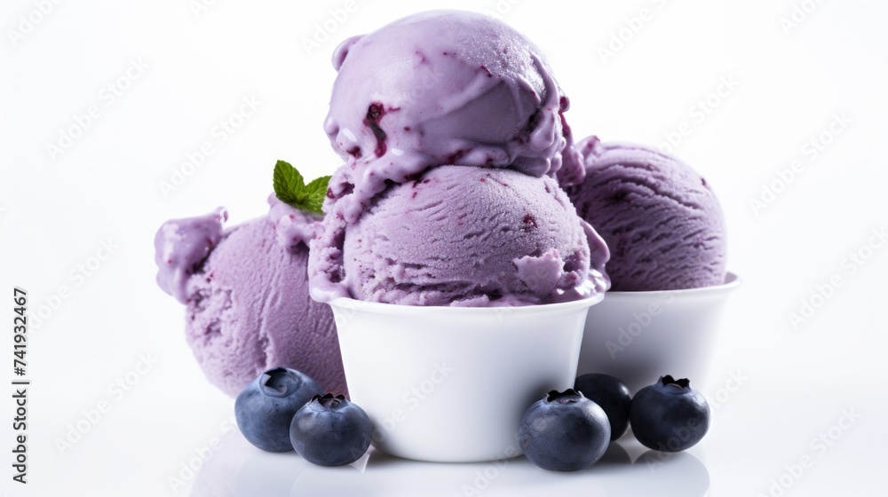 Poster close-up realistic photo featuring three scoops of luscious blueberry ice cream on a white backgroun