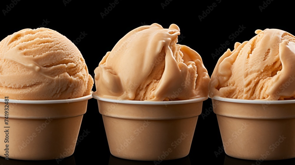Poster Close-up realistic photo featuring three scoops of creamy peanut butter ice cream on a white background Generative AI