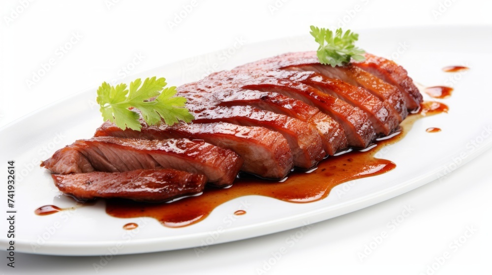 Poster close-up realistic photo of a marinated duck breast against a white background generative ai
