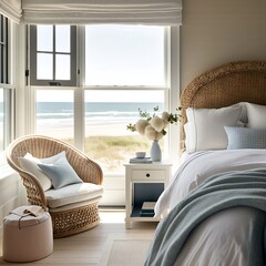 Bright and Airy Ocean View Bedroom with White Bedding and Blue Accents
