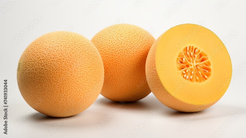 Poster close-up realistic photo showcasing three ripe, fragrant cantaloupes on a white background generativ