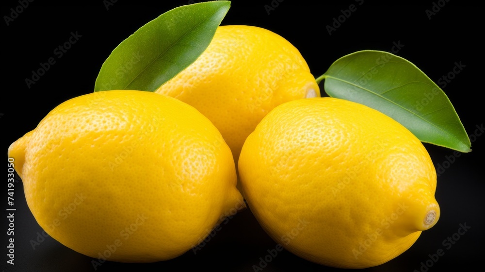 Poster close-up realistic photo showcasing three vibrant yellow lemons on a white background generative ai