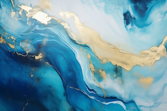 Blue and Gold Marble Swirls, Elegant Ocean Pattern Background with Natural Luxury Appeal