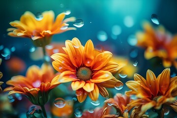 Obraz na płótnie Canvas Rain-Kissed Orange-Yellow Flowers in Garden, Beautiful Floral Wallpaper with Fresh Raindrops