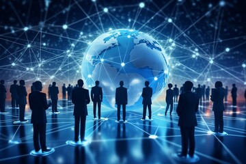 Global business network and silhouettes of businessmen with interconnected networks