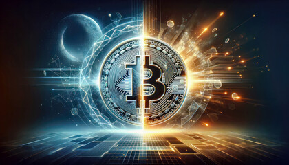 Hologram image of Bitcoin block reward reduce 50% after halving, bitcoin mining concept, node, blockchain technology, digital currency, event of cryptocurrency - obrazy, fototapety, plakaty