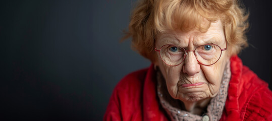 Frowning senior woman. Angry belligerent senior woman looking at the camera. portrait of a angry grandma. Senior grey-haired woman wearing casual clothes skeptic and nervous. - obrazy, fototapety, plakaty