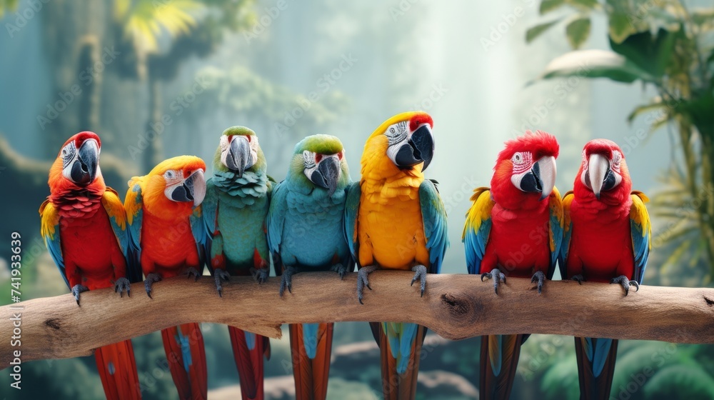 Poster generative ai colorful macaws perched in a tropical rainforest.