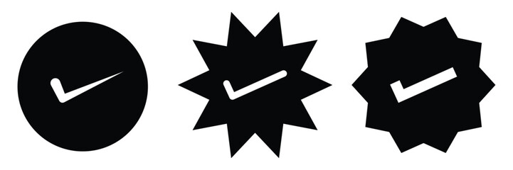 Black Verified badge tick mark icon, verified and authentic tick mark icon approve sign. Set of social media verified icons. Internet top rank stamp. Vector illustration. Eps file 523.