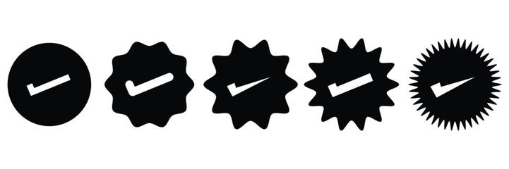 Black Verified badge tick mark icon, verified and authentic tick mark icon approve sign. Set of social media verified icons. Internet top rank stamp. Vector illustration. Eps file 523.