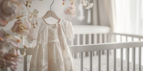 Delicate White vintage Baby Dress. Close-up of a cute baby dress hanging on a wooden hanger against a child room interior with bed crib, copy space, clothes shop banner.