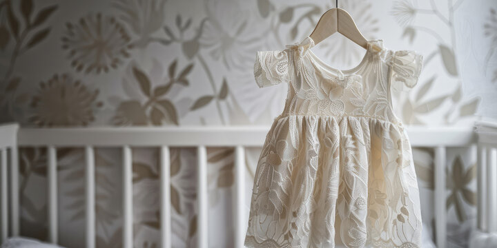 Delicate Baby Dress. Close-up of a cute baby dress hanging on a wooden hanger against a child room interior with bed crib, copy space, clothes shop banner.