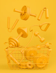 Sport equipment for fitness, gym in shopping basket on monochrome