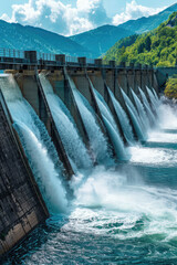 Hydroelectric Power in Motion. Close-up of cascading water from a hydroelectric dam, capturing the dynamic energy and flow.