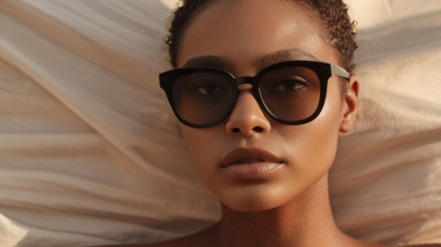 Headshot of beautiful young model wearing black glasses