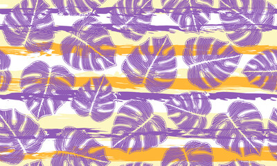 Monstera tropical leaves floral repeat pattern over stripes background.