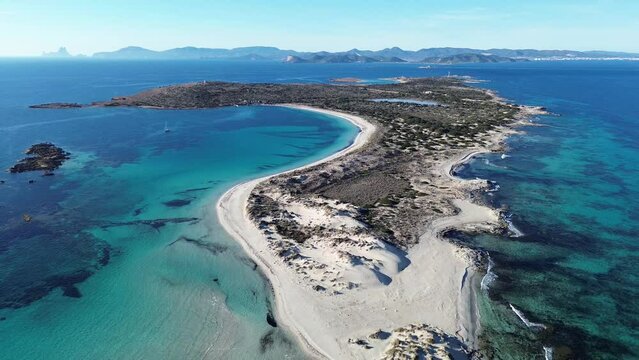 Espalmador island drone view. Small island at Formentera bay and close to Ibiza. Balearic Islands