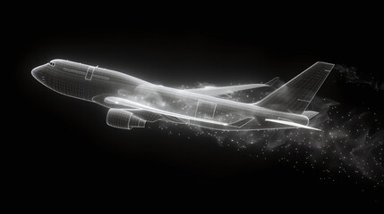 Fototapeta na wymiar Aerial Sparkle: 3D Airplane Featuring Dynamic Movement, Wavy Fluid, Glittering Dots, and Shining Curves