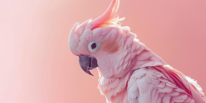 Pastel Pink Cockatoo Portrait. Close-up of a cockatoo with vibrant feathers against a pastel background with copy space.