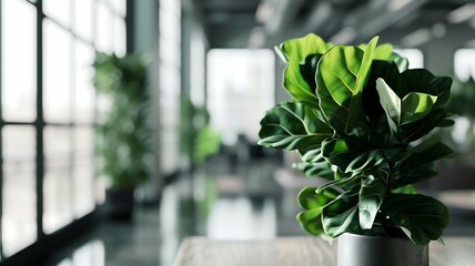 Potted Plant with Green Leaves in front of Large Windows
