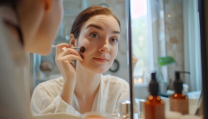 Young middle-aged woman applying makeup in her home bathroom.

