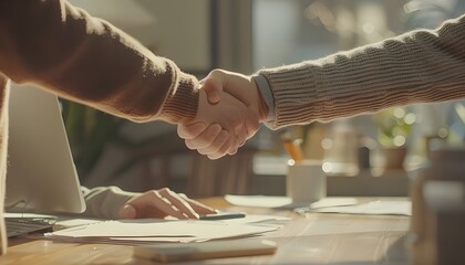 Close-up of two people's hands, exchanging a greeting and sealing a deal in the office.

