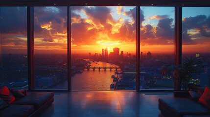 Modern apartment with view of London cityscape and Thames river at sunset. AI