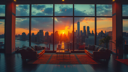 Modern apartment with view of New York cityscape at sunset. AI