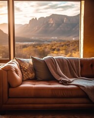 Brown Leather Couch with View of Mountain Range
