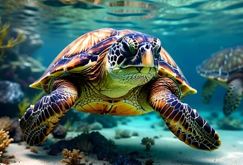 Fotobehang Graceful green sea turtles are swimming in vibrant ocean waves. © amna artist