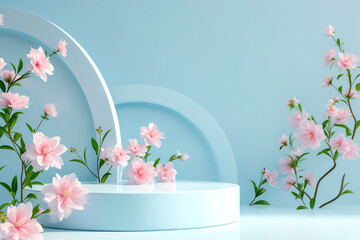 3d render, abstract minimal scene with geometrical forms, podiums, palm leaves, flowers on a blue background. - obrazy, fototapety, plakaty