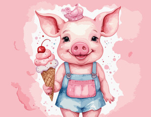 Cute watercolor pig girl with ice cream
